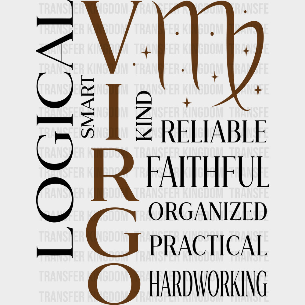 Virgo Qualities Brown - Zodiacs & Horoscopes DTF Transfers - Adult Unisex - S & M (10’’) / Dark Color Design (See