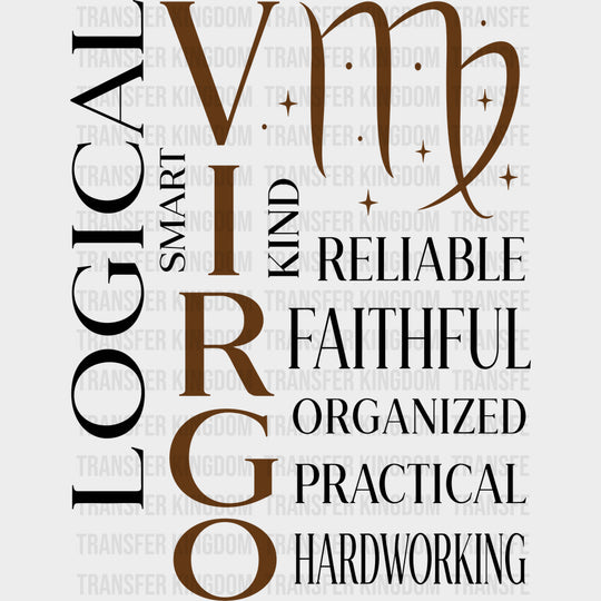 Virgo Qualities Brown - Zodiacs & Horoscopes DTF Transfers - Adult Unisex - S & M (10’’) / Dark Color Design (See