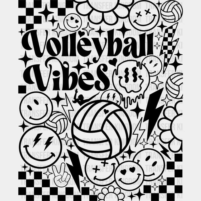 Volleyball Vibes Doodles B&W Design - Volleyball DTF Heat Transfer