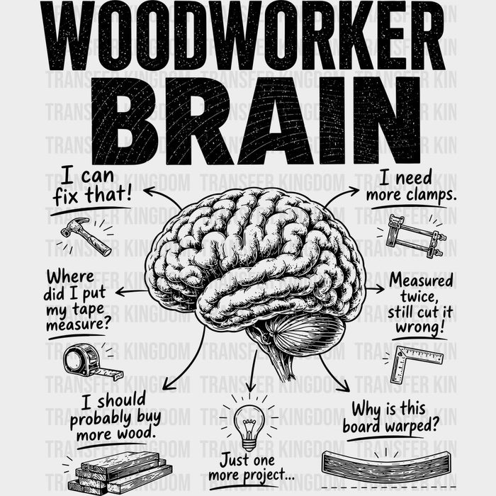 Woodworker Brain Black & White - Woodworking DTF Transfers