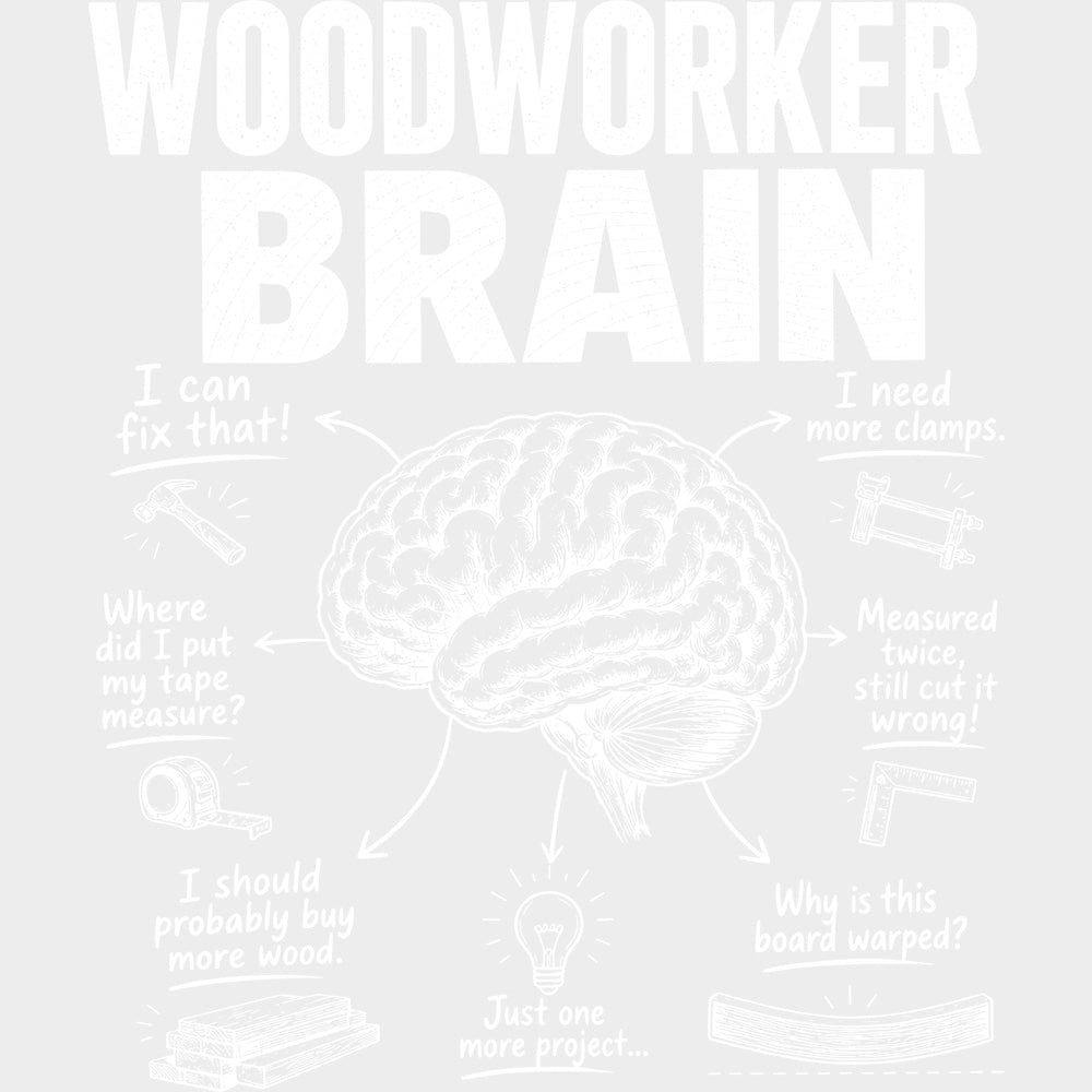 Woodworker Brain Black & White - Woodworking DTF Transfers - Adult Unisex - S & M (10’’) / Light Color Design (See