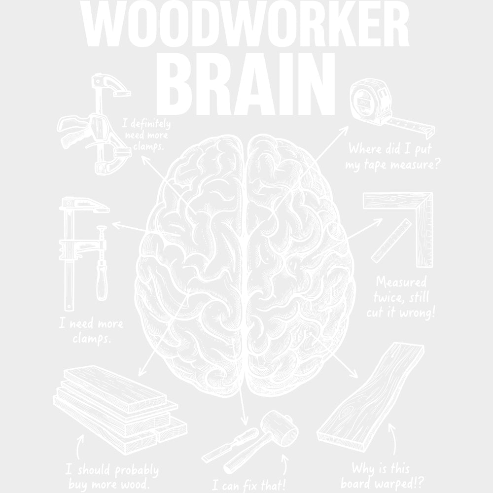 Woodworker Brain Thinking - Woodworking DTF Transfers - Adult Unisex - S & M (10’’) / Light Color Design (See Imaging)