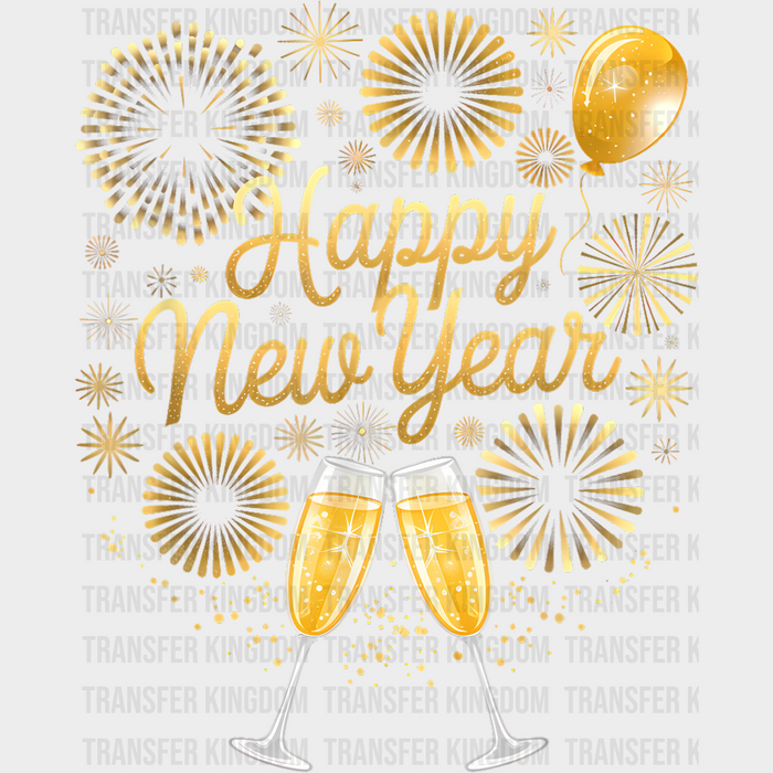 Yellow Fireworks Happy New Year - New Year DTF Transfer