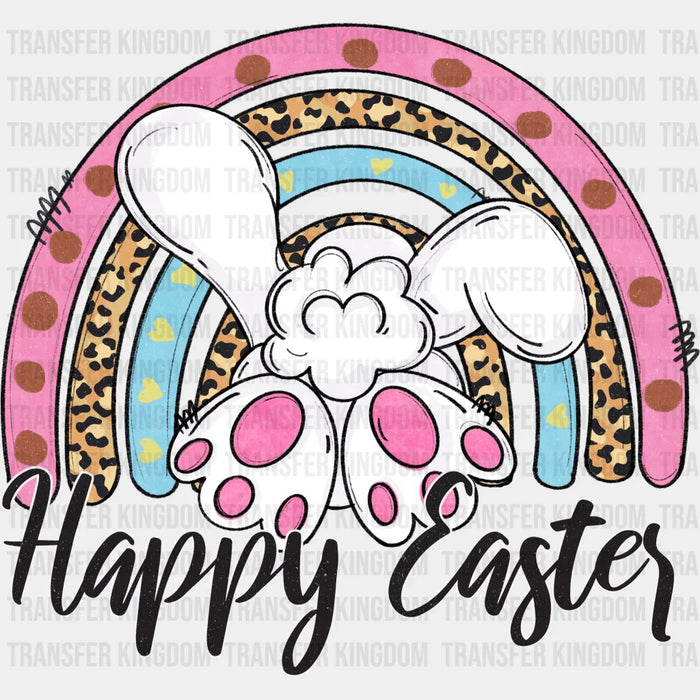 Happy Easter Bunny Running Through Rainbow Easter Design - DTF heat transfer