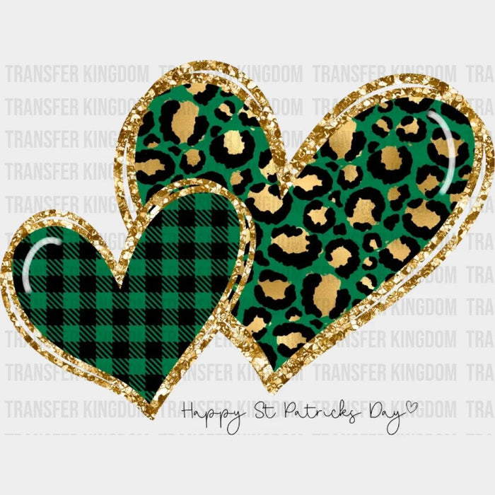 Happy St. Patricks Day Glitter Leopard Hearts Design - DTF heat transfer