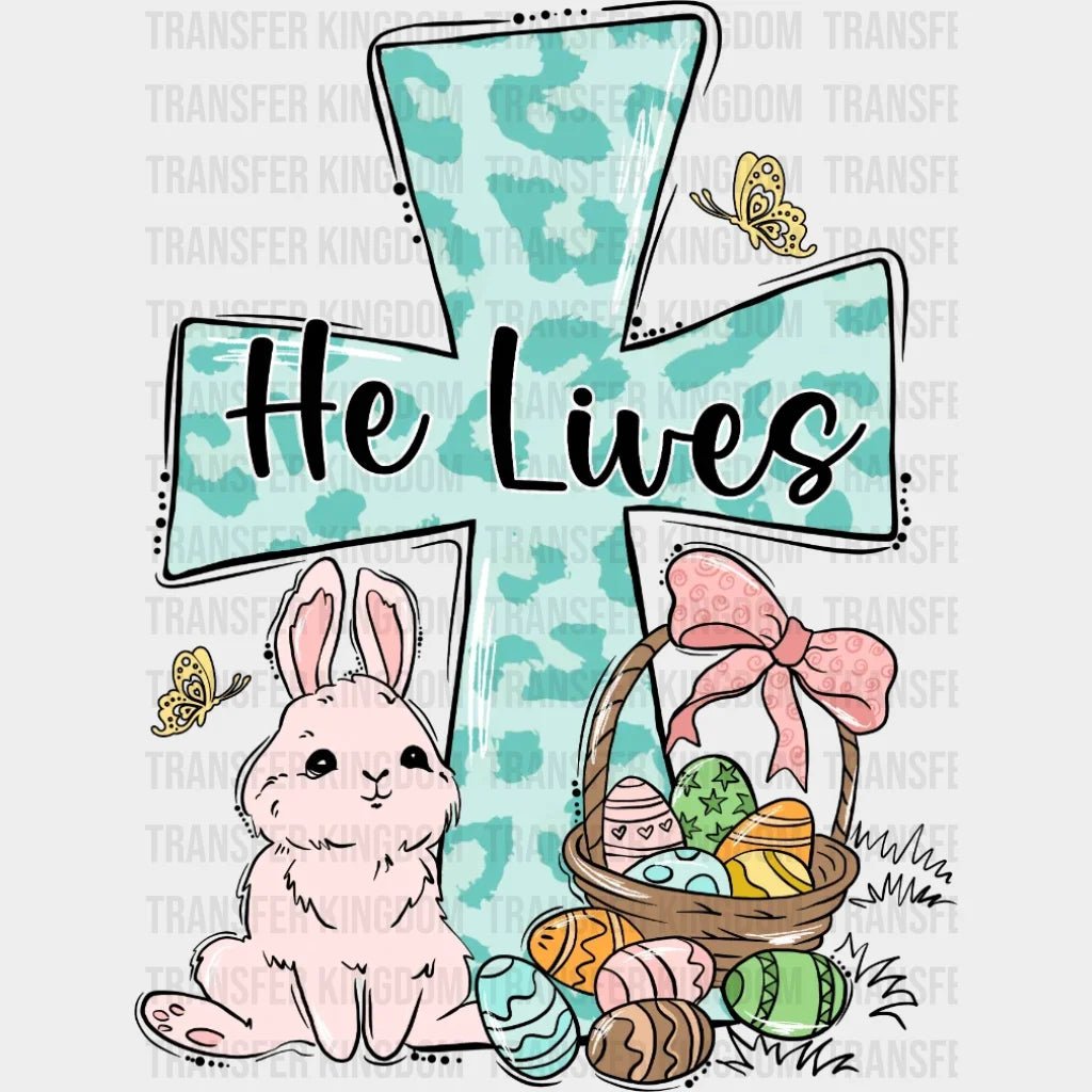 He Lives Cross with Easter Bunny Design - DTF heat transfer - Transfer Kingdom