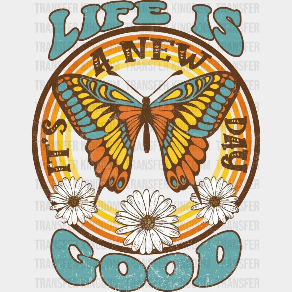 Life_Is A New Good Butterfly Retro Sublimation - Smiley Face Travel Dtf Heat Transfer
