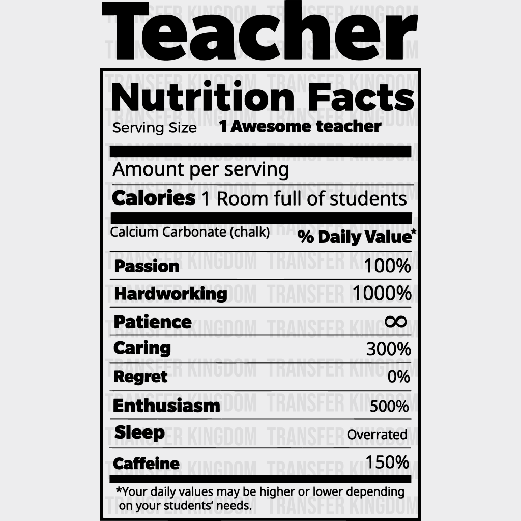 Teacher Nutrition Facts 100 Days Of School Design - DTF heat transfer - Transfer Kingdom